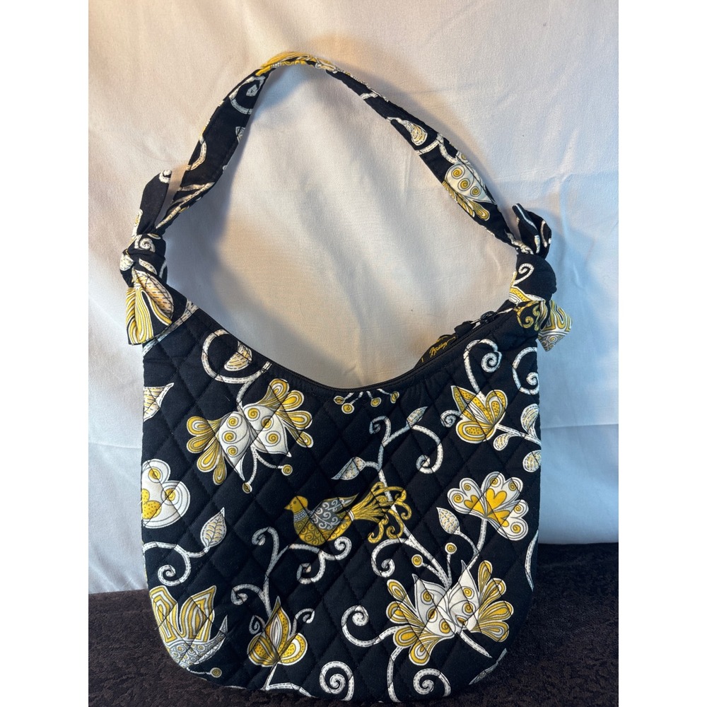 Vera Bradley Night Owl Quilted Cotton Hobo Bag Black Yellow Bird Floral Print